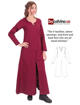 FAYE Cotton Burgundy - Medieval Viking Women’s Front and Back Slitted Dress with Hand-Stitched Seams